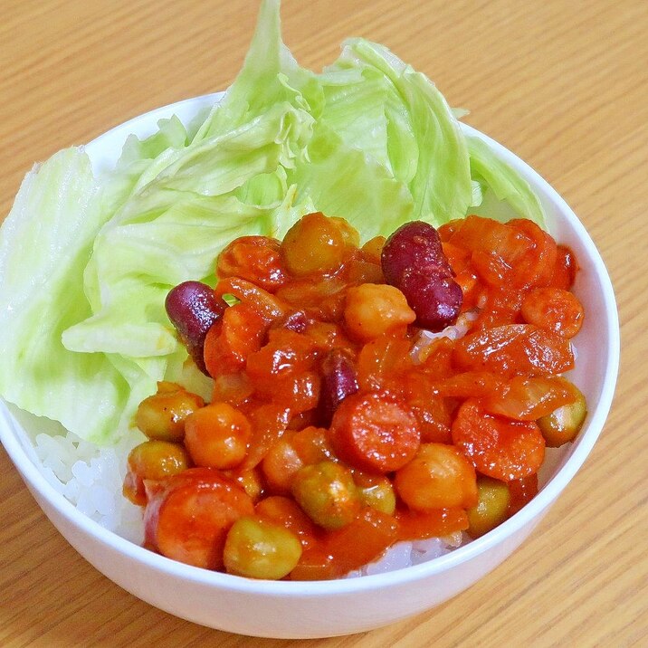 チリコンカン丼☆簡易チリコンカン風☆常備食材で
